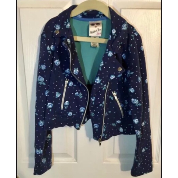 Blue Floral Polka Dot Moto Asymmetrical Zip Blazer Jacket Top-Girls Size 8 - Picture 2 of 4